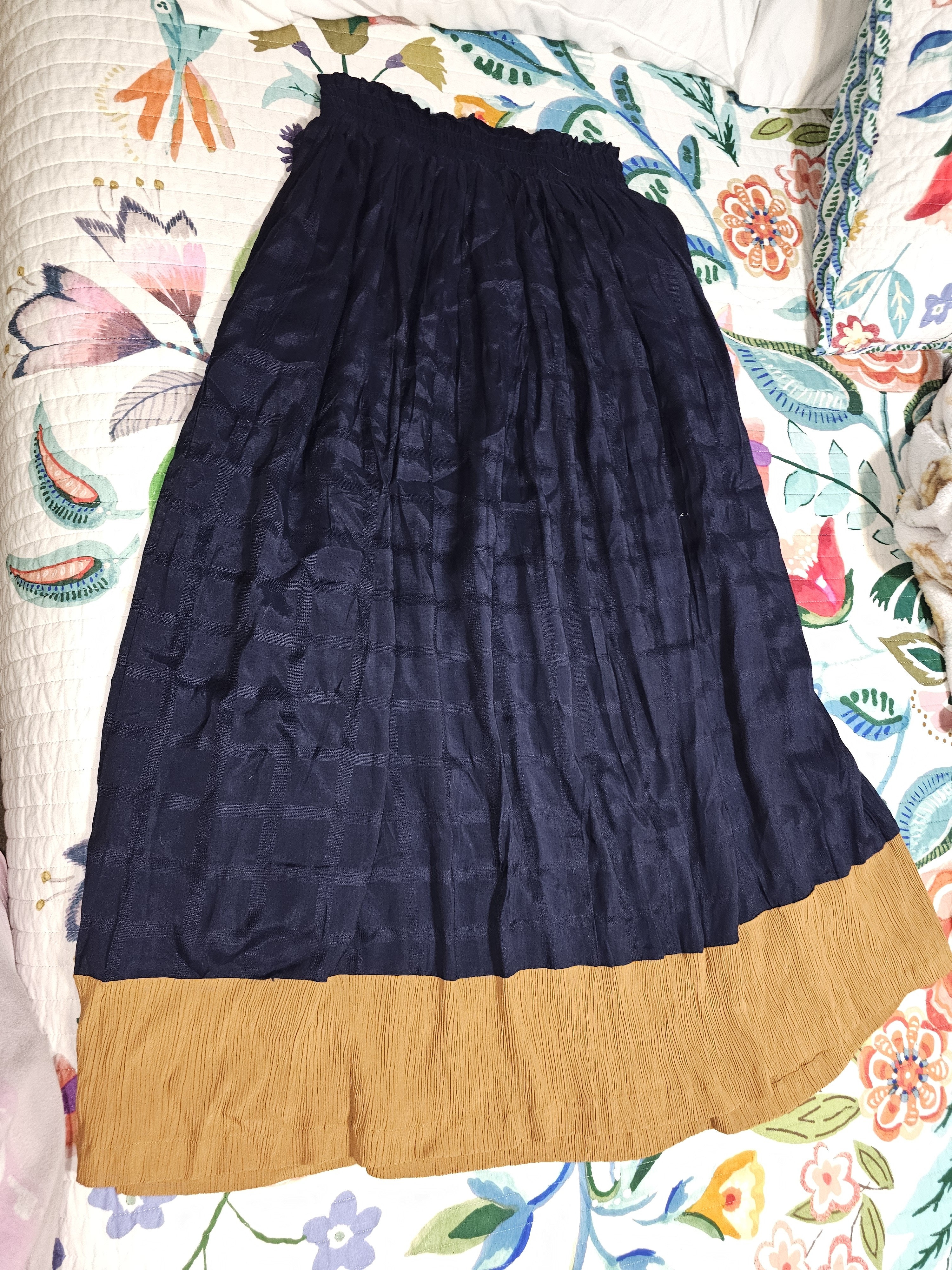 Navy And Mustard Two-Tone Pleated Maxi Skirt
